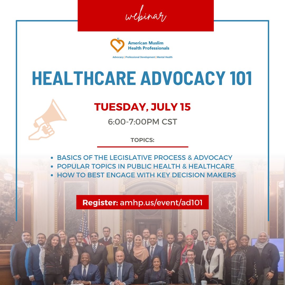 Learn the basics of the legislative process &amp; advocacy, topics in public health and healthcare, and how to best engage with legislators, policy makers, &amp; other decision makers.

🗓️ Tuesday, July 15
🕐 6:00 - 7:00PM CST

➡️ amhp.us/event/ad101