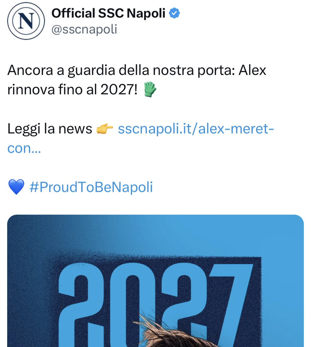 Now it’s official! Alex #Meret has extended his contract with #Napoli until 2027 (€2,5M/year). No surprise here since the last year, despite very long negotiations. #transfers