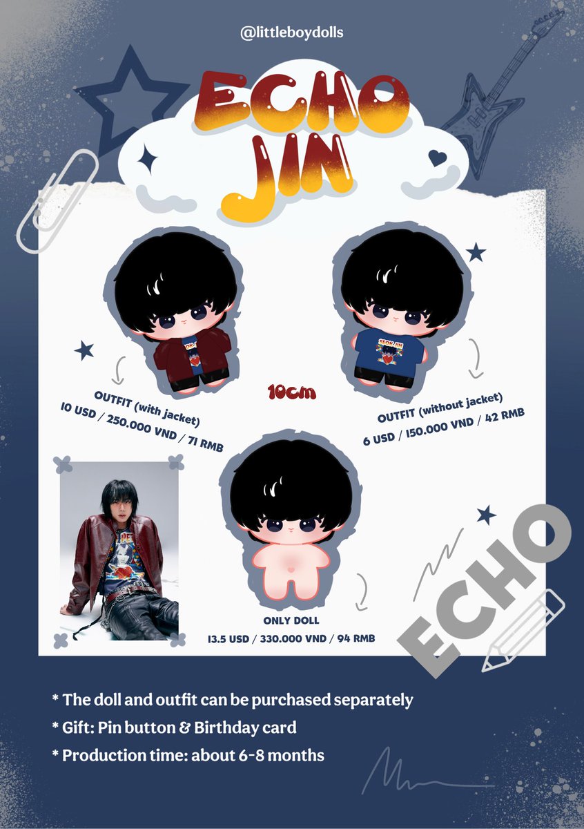 PRE-ORDER LITTLE BOY JIN 2.0 VERSION (10cm) 🍎🎸

Giveaway time‼️RT to join ✨ Only 1 winner will receive a free doll 🥰
Results will be posted on July 25 🎉

📋Doll’s information:

Name: Winkie Jin &amp; Echo Jin
Size: 10cm
Deadline: July 25

GO => DM 🌏✈️

#JIN #btsdoll #jindoll