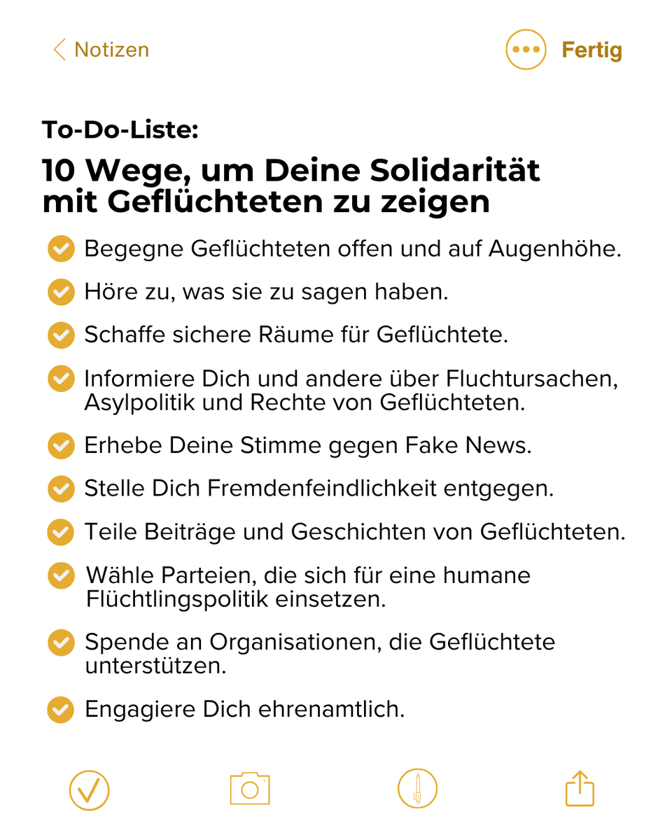 #Solidarität beginnt bei Dir. 

Diese 10 Schritte zeigen, wie Du Geflüchtete unterstützen kannst – online, im Alltag, in Deiner Nachbarschaft oder an der Wahlurne. Auch kleine Gesten können einen echten Unterschied machen.

💬Welche weiteren Punkte gehören für Dich auf die Liste?