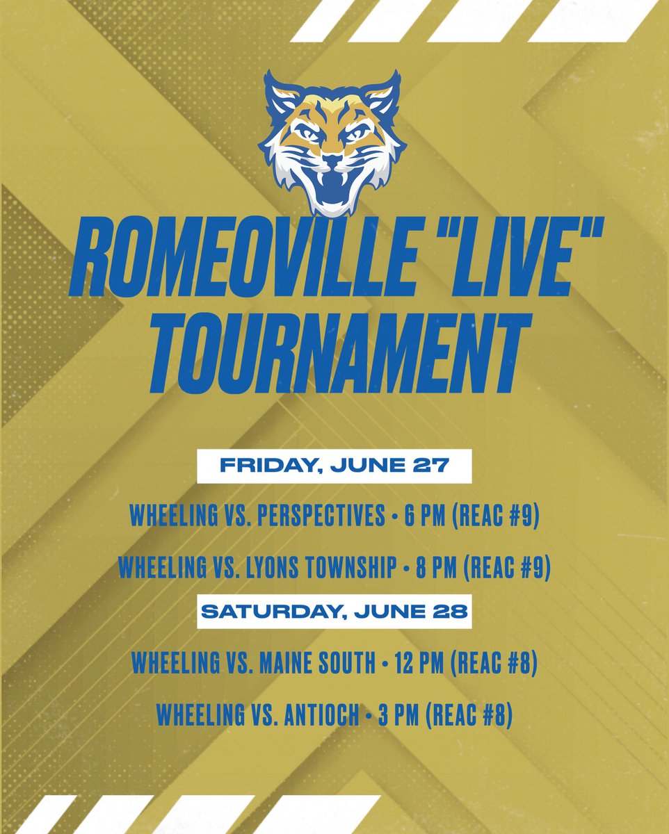 Wheeling_Hoops's tweet image. This weekend our program is competing in the Romeoville Live Tournament, where college coaches can watch a glimpse of our guys in action. The following is our schedule and location of games:

@WHSactivities @Wheeling_Cats @WHSBaseball2 @AndrewBraverman @Coach_Antosz