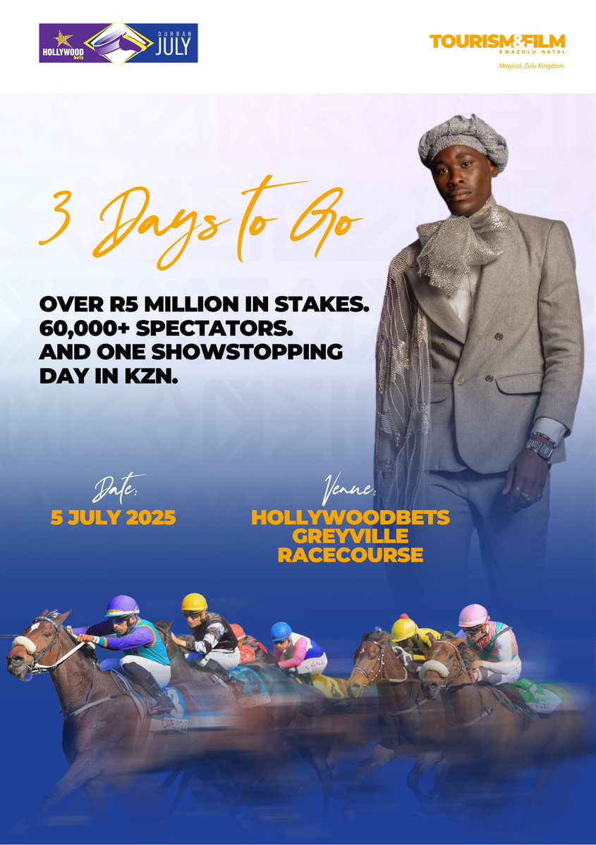 KZN Tourism & Film - Visit KZN (@visitkzn) on Twitter photo 💸 Millions in stakes. Thousands of fans. One legendary day.
The countdown is real — and the Hollywoodbets Durban July energy is already electric.
🗓 5 July 2025 | Greyville Racecourse
<a href="/HWBDurbanJuly/">Hollywoodbets Durban July</a>
#HBDJ25 #VisitKZN #DurbanJuly 💸 Millions in stakes. Thousands of fans. One legendary day.
The countdown is real — and the Hollywoodbets Durban July energy is already electric.
🗓 5 July 2025 | Greyville Racecourse
<a href="/HWBDurbanJuly/">Hollywoodbets Durban July</a>
#HBDJ25 #VisitKZN #DurbanJuly