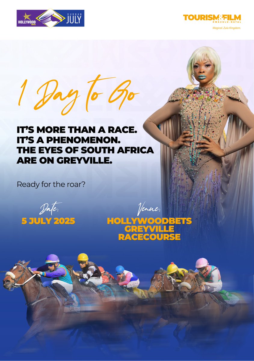 KZN Tourism & Film - Visit KZN (@visitkzn) on Twitter photo 🎉 One more sleep until Greyville roars to life.
It’s the day where legends are made and the whole country watches.
Are you ready for the spectacle?
🗓 5 July 2025 | Greyville Racecourse
#HBDJ25 #VisitKZN
<a href="/HWBDurbanJuly/">Hollywoodbets Durban July</a> 🎉 One more sleep until Greyville roars to life.
It’s the day where legends are made and the whole country watches.
Are you ready for the spectacle?
🗓 5 July 2025 | Greyville Racecourse
#HBDJ25 #VisitKZN
<a href="/HWBDurbanJuly/">Hollywoodbets Durban July</a>