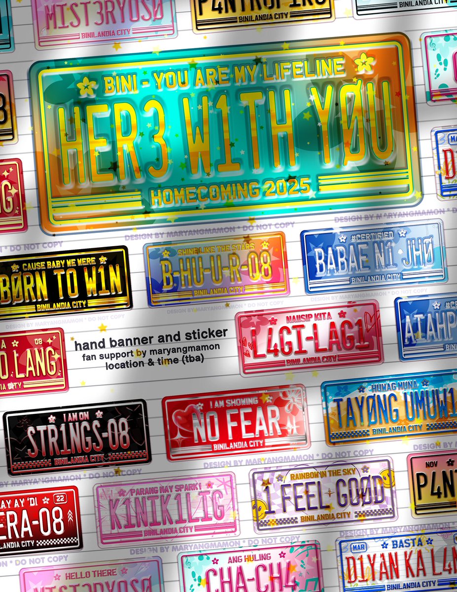 HERE WITH YOU HOMECOMING FAN MEET
Fan Support by <a href="/maryangmamon/">maria 𐙚</a>

BINI LICENSE PLATES [Stickers]

⋆ ˚｡𖦹 ⋆ ✮ ⋆ ˚｡𖦹 ⋆ ✮ ⋆ ˚

ꕥ like and rt 
ꕥ location is tba

#BINI #BINIverse #BINIGLOBAL #BINI_HomeComingFanMeet #BINI_Un4gettableJUNE