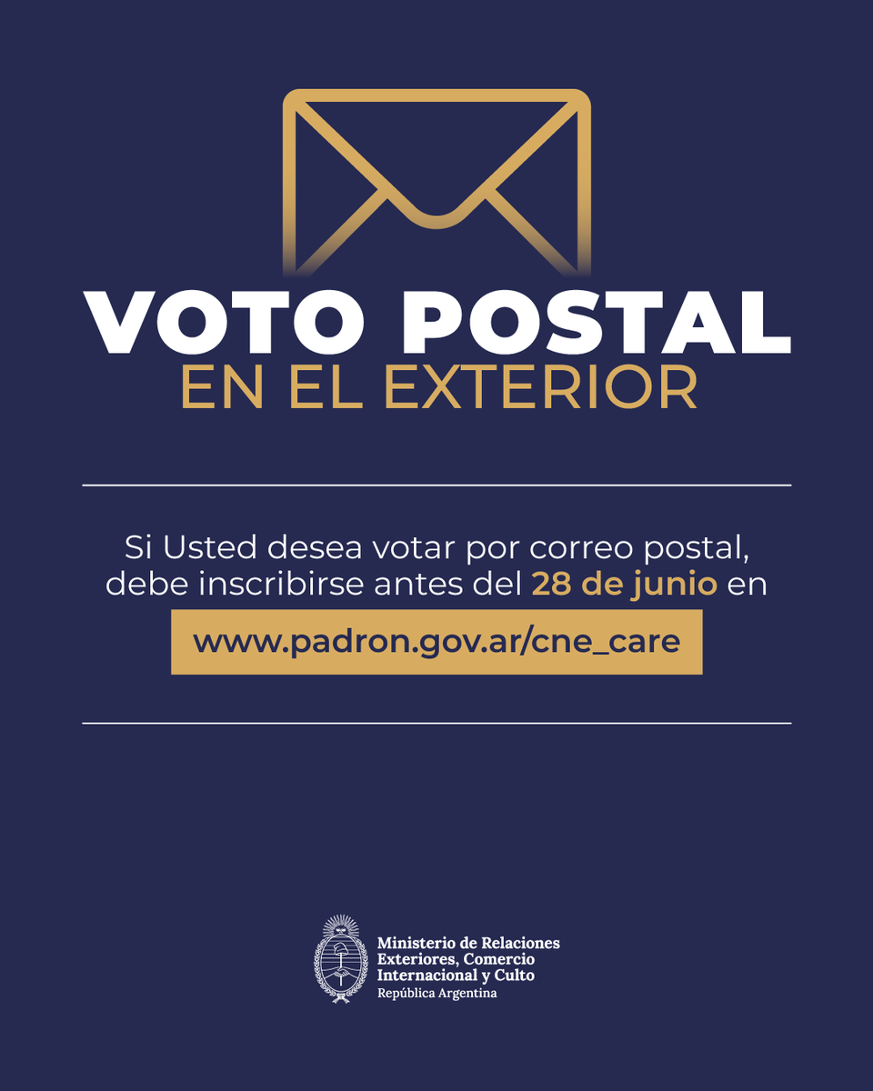 ARGenSenegal's tweet photo. Voto postal en el exterior
Si reside fuera del país y quiere votar por correo postal en las próximas elecciones legislativas nacionales, recuerde inscribirse antes del 28 de junio en https://t.co/MfqrdTI1WK https://t.co/36G6Ej1AYP