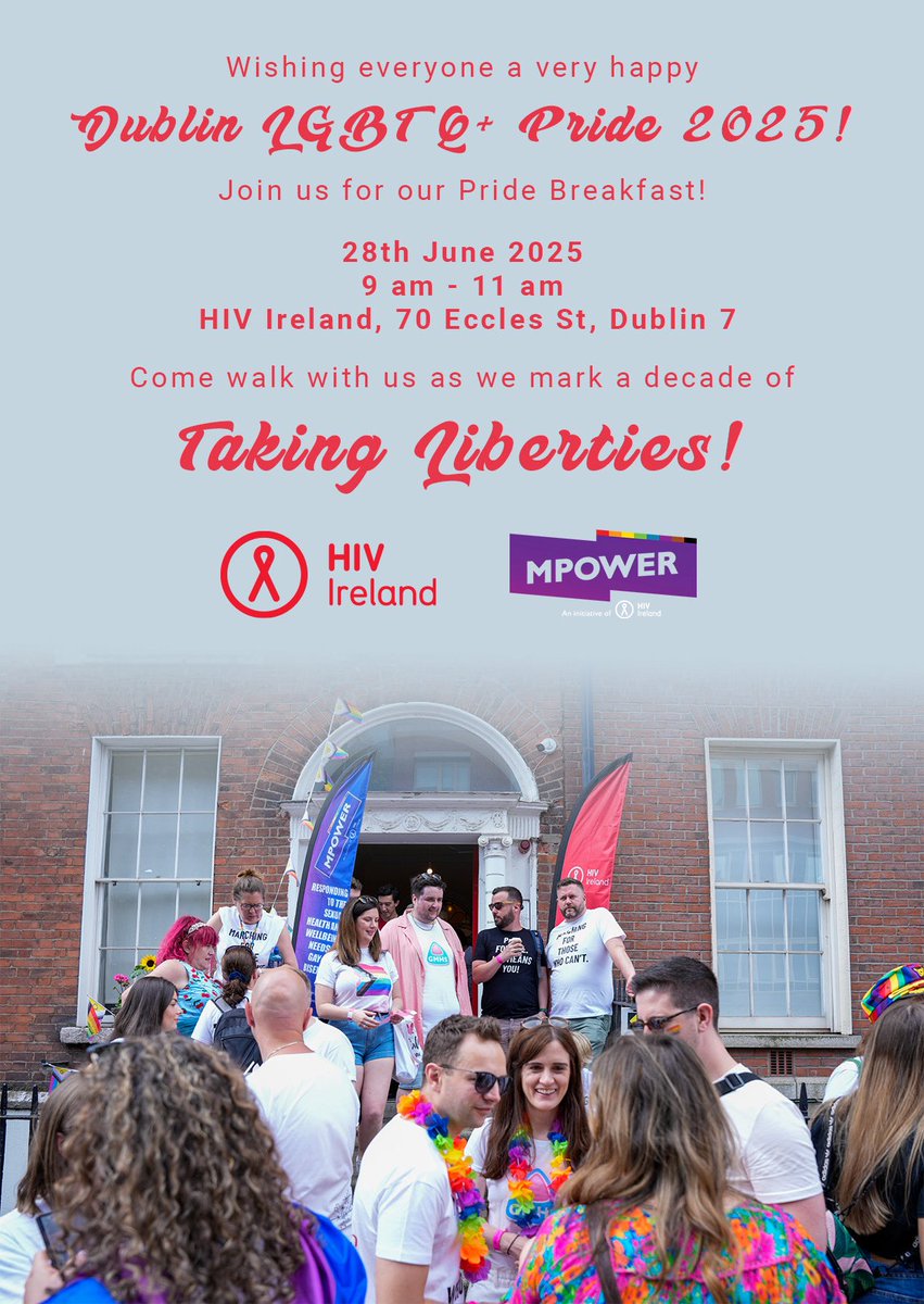 🌈 Join us for our Pride Breakfast this Saturday!

📍 HIV Ireland, 70 Eccles St, Dublin 7
🗓️ 28 June 2025
🕘 9am–11am

We’re celebrating a decade of Taking Liberties at #DublinPride 🏳️‍🌈

Come walk with us! 💪💖

 #Pride2025 #PrideMonth #PrideMonth2025