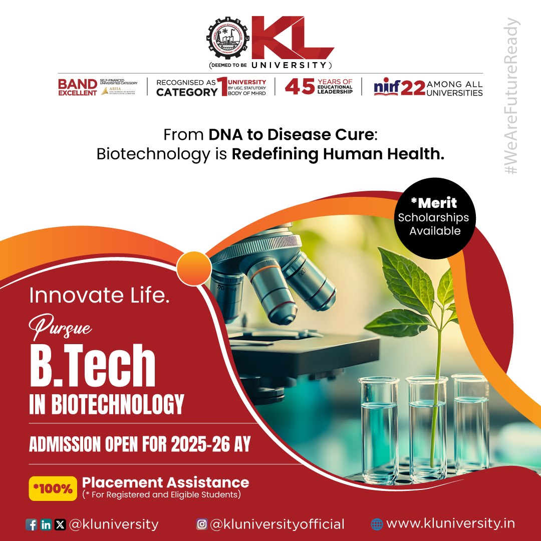 kluniversity's tweet image. B.Tech Biotechnology equips you with skills in genetics, bioinformatics, and bioprocessing to drive innovations in health, agriculture, and sustainability. Shape life for a better future.

kluniversity.in/admissions-202…

#KLU #btechbiotechnology #biotechnology