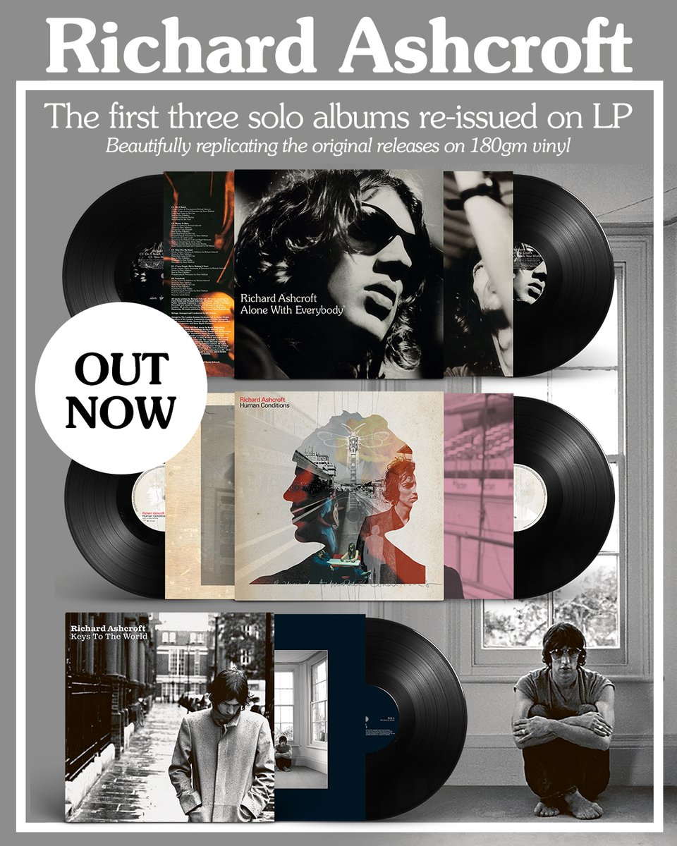 ProperRecords's tweet image. Richard Ashcroft’s first three solo albums are re-issued today on 180g heavyweight vinyl. Alone With Everybody and Human Conditions are presented in gatefold sleeves, while Keys To The World is released on vinyl for the very first time.
Get yours here: richard-ashcroft.lnk.to/vinyl-reissues