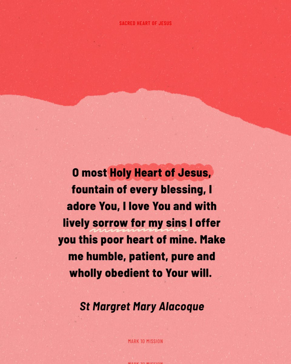 Most Sacred Heart of Jesus, I place all my trust in You. ❤️‍🔥

Today we celebrate a beautiful solemnity. The heart of Jesus is forever burning with love for us. He invites us into his love and to let his Sacred Heart shape our own.

#SacredHeart #Mark10Mission