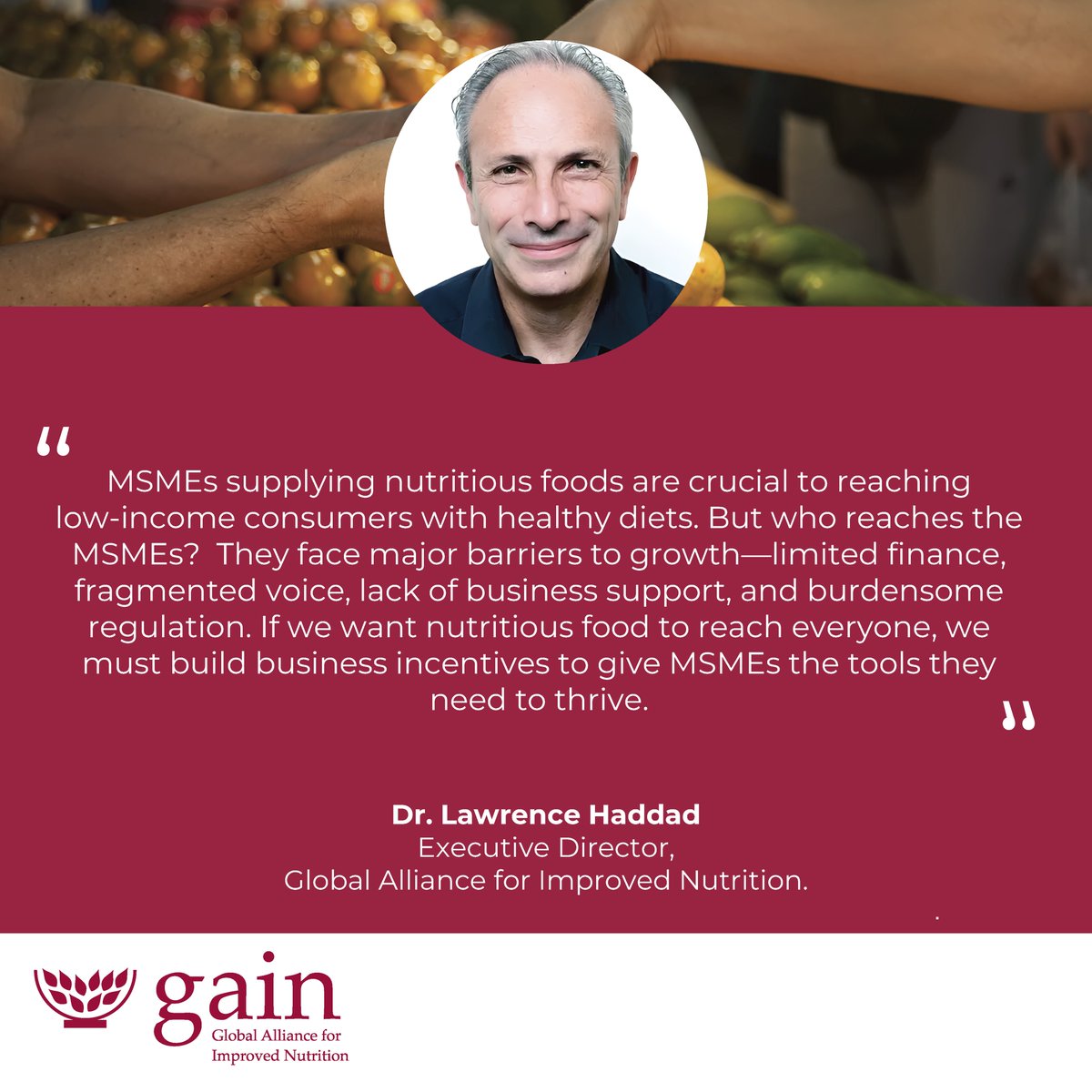 This #WorldMSMEDay, <a href="/lawrencehaddad/">Lawrence Haddad</a> highlights the vital role MSMEs play in transforming food systems &amp; fighting malnutrition. GAIN works with partners to equip MSMEs with the tools to grow, scale &amp; nourish millions. Let’s back MSMEs to thrive.