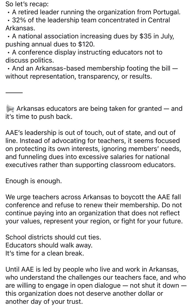 🚨 The head of Arkansas Art Educators is leading from Portugal — after retiring in 2020. Meanwhile, dues are rising to $120 to help fund $300K national exec salaries. <a href="/ArkansasEd/">Arkansas Department of Education</a> <a href="/SarahHuckabee/">Sarah Huckabee Sanders</a> <a href="/FoxNews/">Fox News</a> <a href="/NEWSMAX/">NEWSMAX</a> <a href="/NewsNation/">NewsNation</a> <a href="/joerogan/">Joe Rogan</a> <a href="/TuckerCarlson/">Tucker Carlson</a> <a href="/realDonaldTrump/">Donald J. Trump</a>