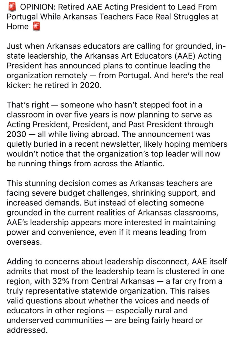 ArkArtEducators's tweet photo. 🚨 The head of Arkansas Art Educators is leading from Portugal — after retiring in 2020. Meanwhile, dues are rising to $120 to help fund $300K national exec salaries. @ArkansasEd @SarahHuckabee @FoxNews @NEWSMAX @NewsNation @joerogan @TuckerCarlson @realDonaldTrump https://t.co/EAReHSGqFg