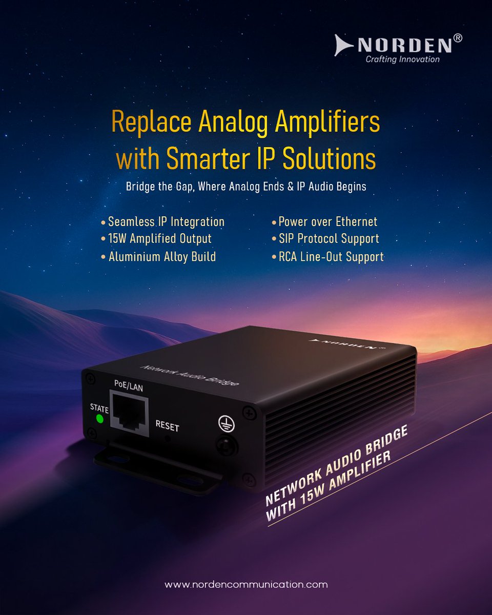 NordenGlobal's tweet image. Upgrade your PA with Norden’s IP Audio Bridge—15W amplified clarity, PoE power, rugged design. Future-ready audio! 
nordencommunication.com/en/product/net…
#IPAudio #PASystems #NordenCommunication