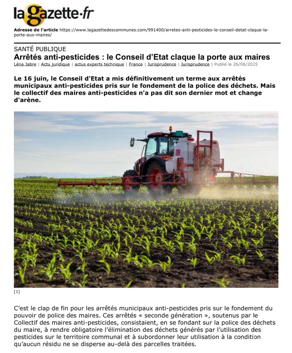 Florence Presson 🐞🌳🐝♻️🌍 (@scx_flo) on Twitter photo Le 16 juin, le Conseil d'Etat a mis définitivement un terme aux arrêtés municipaux anti-pesticides pris sur le fondement de la police des déchets
Mais le collectif des maires anti-pesticides n'a pas dit son dernier mot et change d'arène… <a href="/UEFrance/">Commission européenne 🇪🇺</a>
lagazettedescommunes.com/991400/arretes… Le 16 juin, le Conseil d'Etat a mis définitivement un terme aux arrêtés municipaux anti-pesticides pris sur le fondement de la police des déchets
Mais le collectif des maires anti-pesticides n'a pas dit son dernier mot et change d'arène… <a href="/UEFrance/">Commission européenne 🇪🇺</a>
lagazettedescommunes.com/991400/arretes…