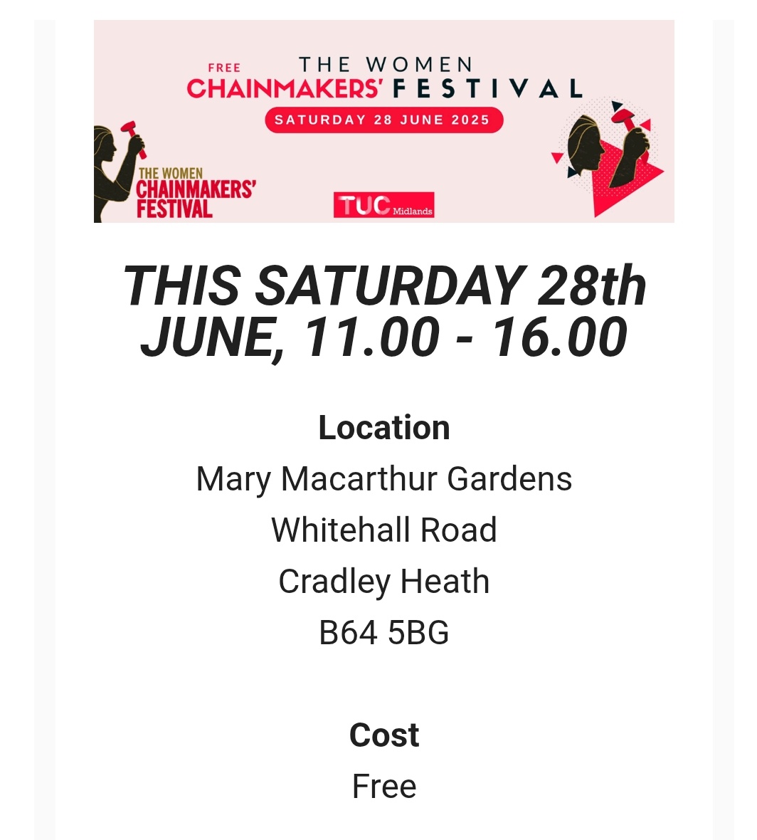 🚩 Join Us at the Chainmakers Festival – This Saturday!

Come and celebrate the legacy of Mary Macarthur and the women chainmakers who changed history! 

👉 Bring your banners, your friends, and your voice!