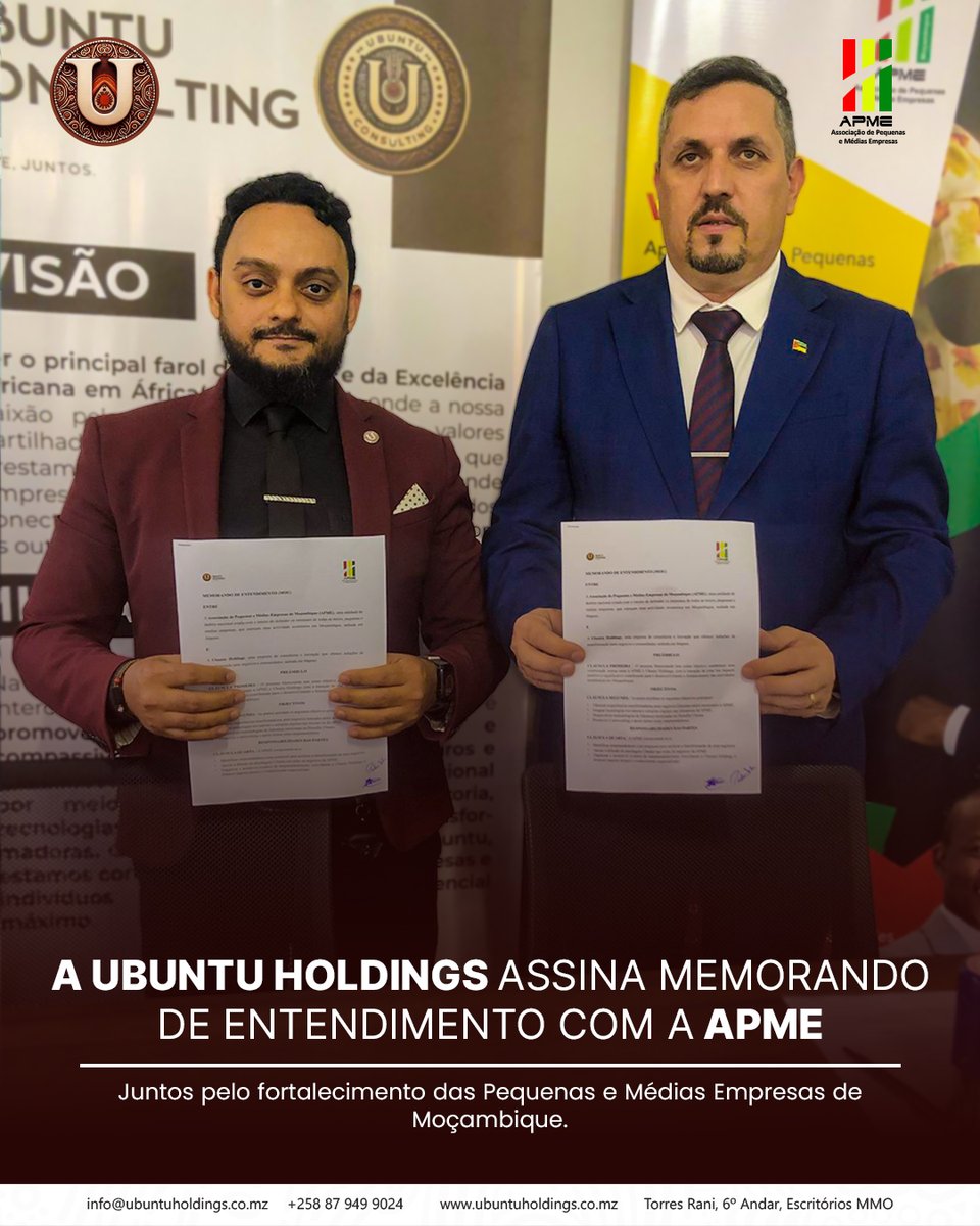 ubuntu_moz's tweet photo. A Ubuntu Holdings assinou um Memorando de Entendimento com a APME para fortalecer as MPMEs moçambicanas em áreas como formação, inovação e acesso a mercado. ✊🏽🌍
⠀
#UbuntuHoldings #APME #MPMEs #Moçambique #ParceriaEstratégica #LongeJuntos https://t.co/KORvlMpjYs