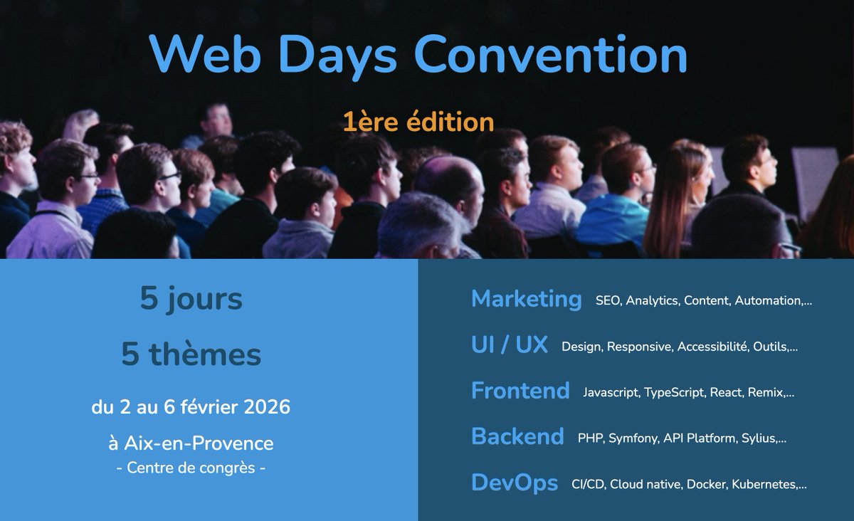 SensioLabs (@sensiolabs) on Twitter photo SensioLabs, le créateur de #Symfony, est fier de soutenir les #WebDays2026 🌐
WebDays, c'est le nouvel événement sur le web dans toutes ses dimensions : backend, frontend, UI/UX, ...
📅 RDV du 2 au 6 février 2026 à Aix-en-Provence ☀️
🔗 webdays.events
<a href="/jjperuzzi/">Jean-Jacques PERUZZI</a> SensioLabs, le créateur de #Symfony, est fier de soutenir les #WebDays2026 🌐
WebDays, c'est le nouvel événement sur le web dans toutes ses dimensions : backend, frontend, UI/UX, ...
📅 RDV du 2 au 6 février 2026 à Aix-en-Provence ☀️
🔗 webdays.events
<a href="/jjperuzzi/">Jean-Jacques PERUZZI</a>