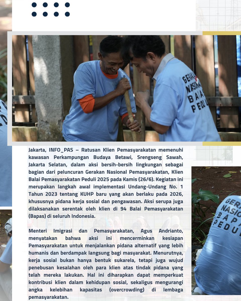lpkatanjungpati's tweet image. Ratusan Klien Pemasyarakatan ikut aksi bersih-bersih serentak di 94 Bapas se-Indonesia!
Gerakan ini tandai peluncuran Klien Bapas Peduli 2025, menyambut KUHP baru &amp;amp; pidana kerja sosial.
#KlienBapasPeduli #KUHP2026 #INFO_PAS