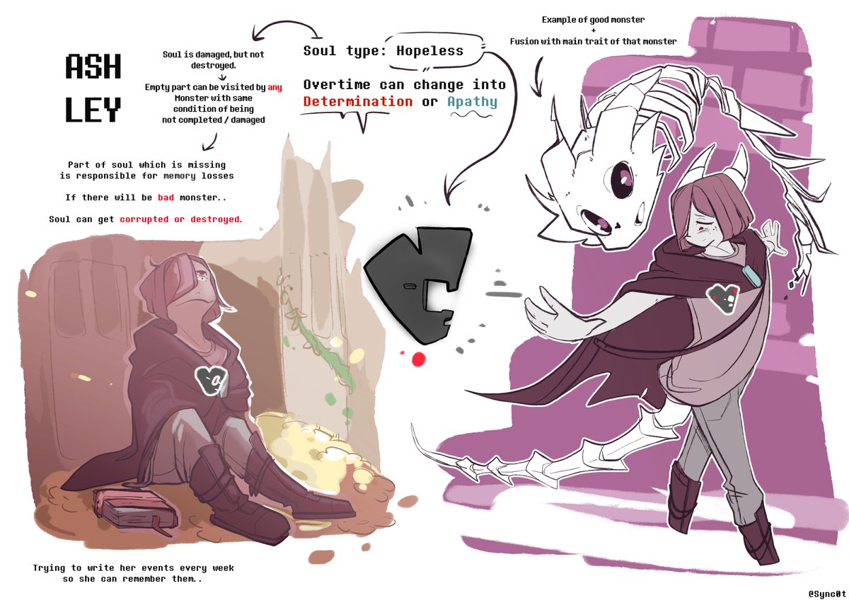 Sync0t's tweet image. Felt like trying to create a own #undertale / #Deltarune OC, maybe too late for that.
Their damaged soul, helps to survive and interact with underworld when barrier is fallen, listen to stories of those who left behing and learn what left of this place after years.