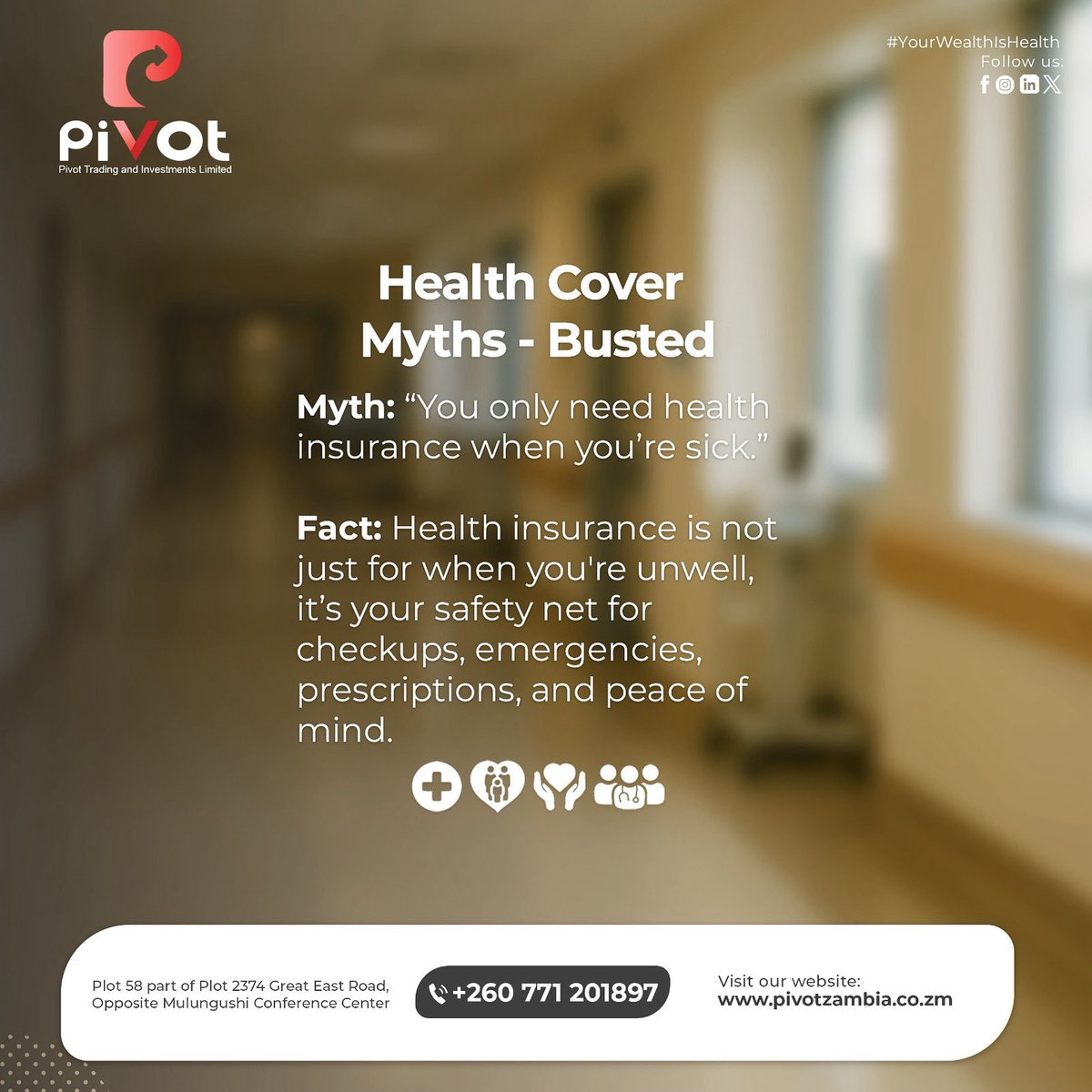 pivotzambia's tweet image. You don’t wait to be broke to open a savings account… so why wait to fall sick to get health insurance? 💡
Health cover isn’t just for the sick, it’s smart planning.
Myth: Busted. ✅

#PivotZambia #MythBustedFriday #SmartHealthChoices #StayReady #ZambiaHealthCare