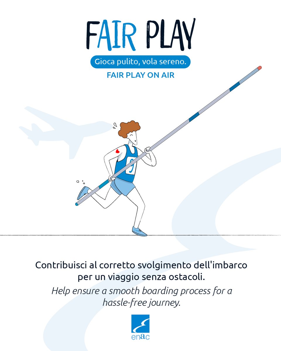 EnacGov's tweet image. 🇮🇹✈️ Fai un’azione di F-Air Play!
Aiuta un imbarco fluido per un viaggio senza problemi e più confortevole.
🇬🇧✈️Take a F-Air Play action!
Help ensure smooth boarding for a hassle-free and comfortable journey.
#FAirPlayOnAir #FlightExperience #Imbarco #AirTravel #FAirPlay #Enac