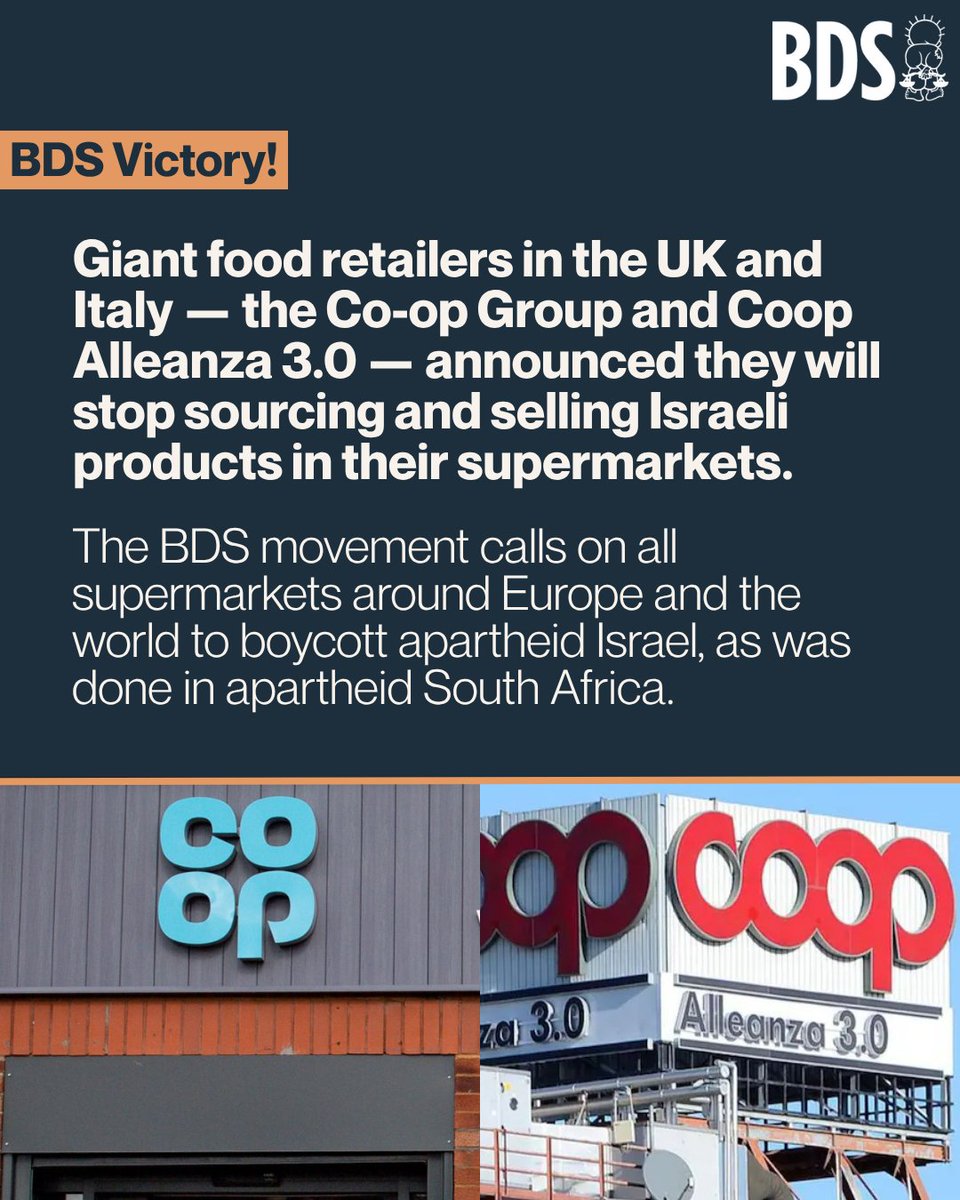 BDSmovement's tweet image. BDS victory!

Giant food retailers in the UK and Italy — the Co-op Group and Coop Alleanza 3.0 — announced they will stop sourcing and selling Israeli products in their supermarkets.