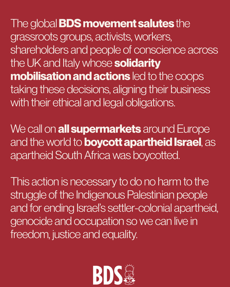 BDSmovement's tweet photo. The BDS movement calls on all supermarkets around Europe and the world to boycott apartheid Israel, as was done in apartheid South Africa. https://t.co/PGNZEYdOmT