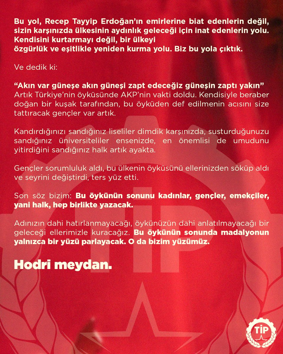 Bugün, 19 Mart siyasi darbe girişiminin tam yüzüncü gününde, sokaklardan ve kampüslerden ses veren arkadaşlarımız hukuksuzca yargılanıyor. 

Parti Meclisi ve Öğrenci Bürosu Üyemiz Selin Erhan’ın savunması: “Son söz bizim: Bu öykünün sonunu kadınlar, gençler, emekçiler, yani halk,