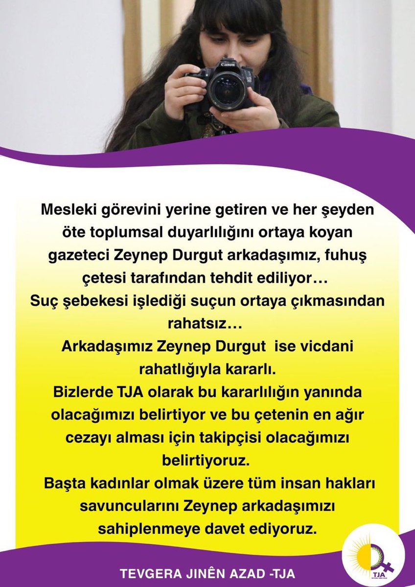 Gazeteci #ZeynepDurgut arkadaşımız fuhuş çetesi tarafından tehdit ediliyor… suç şebekesi işlediği suçun ortaya çıkmasından rahatsız…
TJA olarak, bu çetenin en ağır cezayı alması için mücadele edeceğimiz ve bu davanın takipçisi olacağımızı belirtiyoruz.