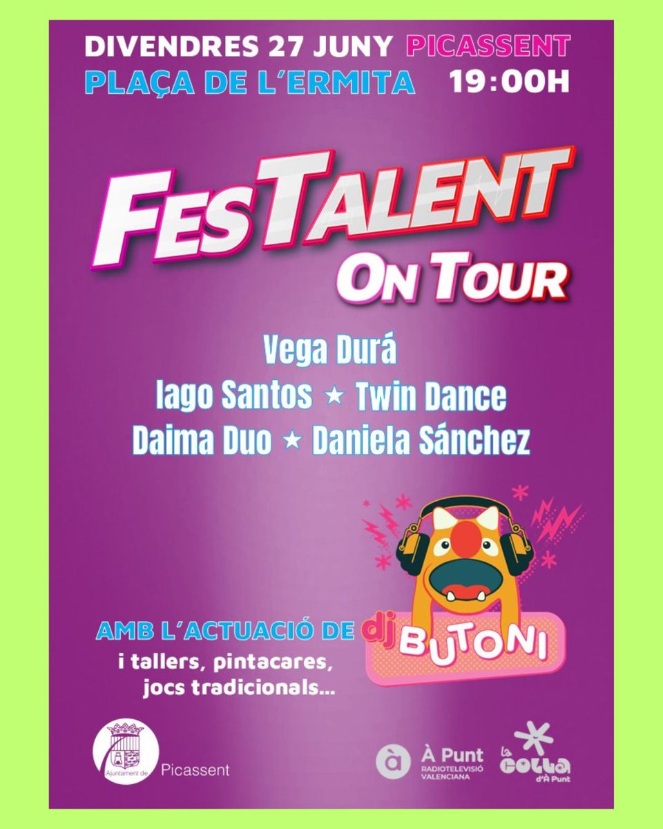 Esta vesprada FesTalent On Tour arriba a Picassent amb la guanyadora de FesTalent 2 Vega Durá, l'urban de Twin Dance, el flamenc de Iago Santos, la potent veu de Daniela Sánchez i el show al piano i violoncel de Daima Duo. 

A més de Dj Butoni, pintacares... Vos esperem, colla!