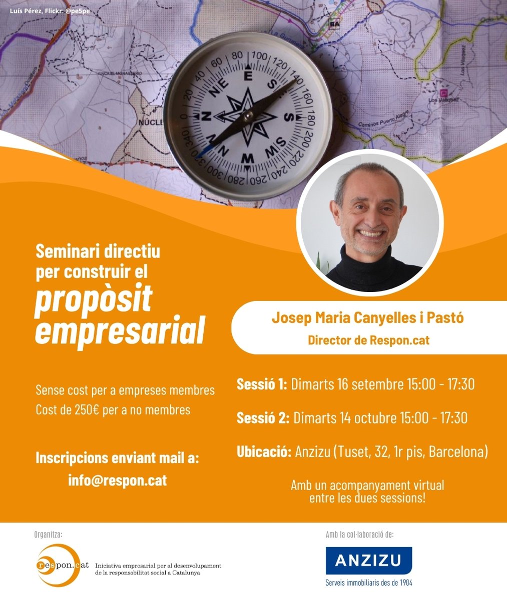 Respon.cat (@respon_cat) on Twitter photo Elaboreu una declaració de propòsit! Seminari directiu a Barcelona
📅 16 de setembre i 14 d’octubre
⏰ 15:00 a 17:30
📍Anzizu (Carrer Tuset, 32, 1r pis, Barcelona)
💶 Gratuït per a membres i 250€ no membres
➡️ Inscripcions: mail a info@respon.cat
ℹ️Info: shorturl.at/tod0y Elaboreu una declaració de propòsit! Seminari directiu a Barcelona
📅 16 de setembre i 14 d’octubre
⏰ 15:00 a 17:30
📍Anzizu (Carrer Tuset, 32, 1r pis, Barcelona)
💶 Gratuït per a membres i 250€ no membres
➡️ Inscripcions: mail a info@respon.cat
ℹ️Info: shorturl.at/tod0y