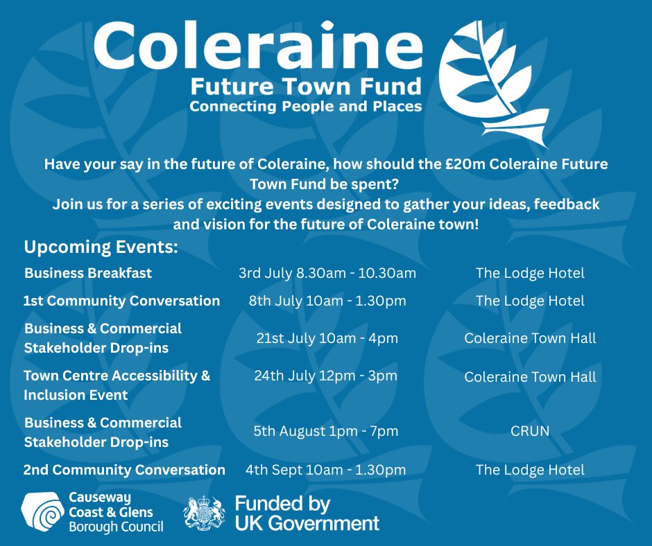 ✨ CFTF UPCOMING EVENTS ✨

Have your say in the future of Coleraine and how the £20m CFTF should be spent.

Join us for a series of exciting events designed to gather your ideas, feedback and vision for the future of Coleraine town!

Sign up here: 👉 bit.ly/3HW7piJ