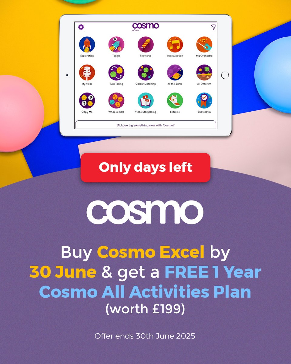 Inclusive Technology (@inclusivetechuk) on Twitter photo โณ Just days left!
Buy Cosmo Excel before 30th June and unlock 17 premium Cosmo activities โ worth ยฃ199 โ absolutely FREE!
๐ Offer ends soon โ grab yours: ccur.short.gy/YNX0OO
#Education #SpecialEducation #SpecialNeeds #InclusiveEducation #SEN โณ Just days left!
Buy Cosmo Excel before 30th June and unlock 17 premium Cosmo activities โ worth ยฃ199 โ absolutely FREE!
๐ Offer ends soon โ grab yours: ccur.short.gy/YNX0OO
#Education #SpecialEducation #SpecialNeeds #InclusiveEducation #SEN