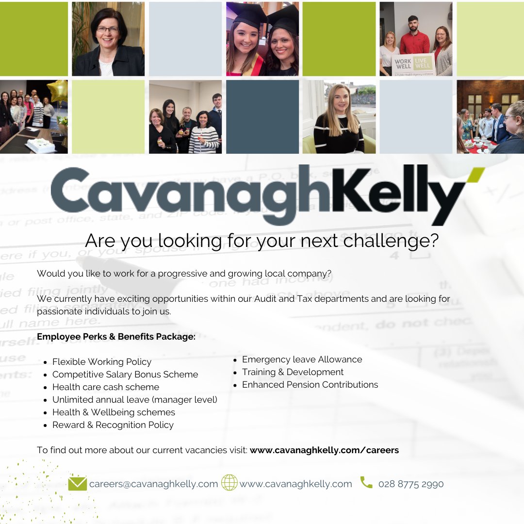 Grow your career with CavanaghKelly!

We're currently recruiting for roles in our Audit and Tax departments.

At CavanaghKelly, we offer a comprehensive rewards package alongside market-leading benefits — all within a culture that genuinely supports work-life balance.