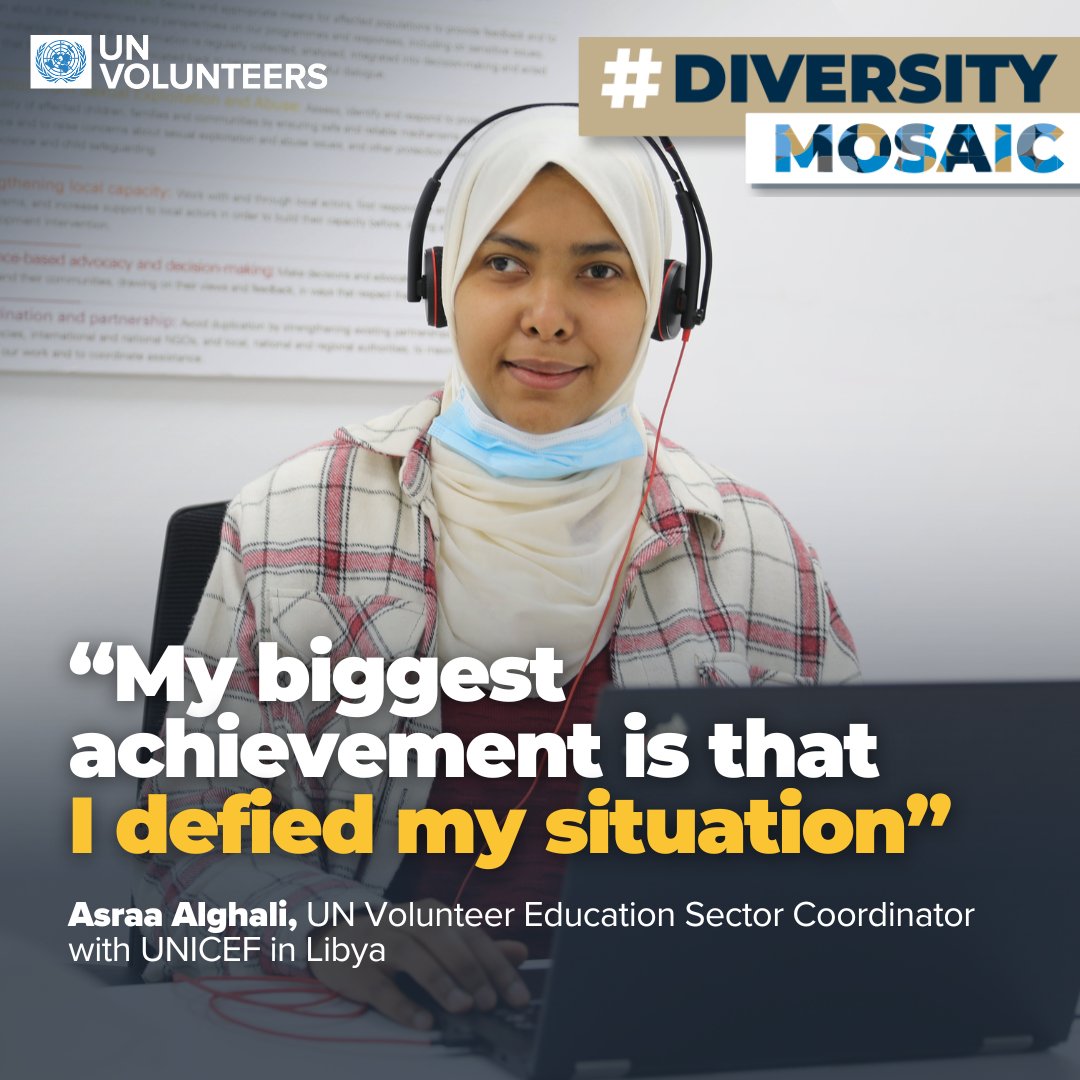 UNVolunteers's tweet photo. “I didn’t stay home, blame it on disability, and ignore my duties as a citizen.” 👏

In #Libya, Asraa is stepping up for inclusive education. She works with local leaders and communities to make sure learning is accessible to all. https://t.co/JyYzBk83tB