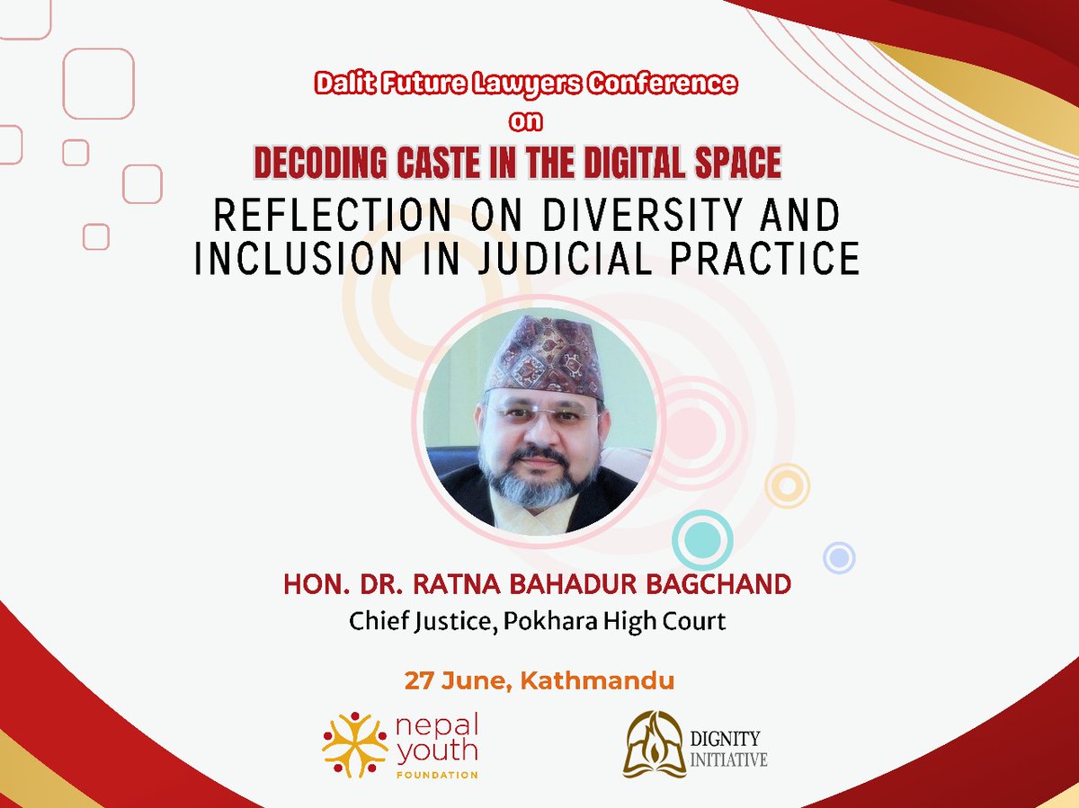 Dignity Initiative (@dignitytweet) on Twitter photo Up next: Hon. Dr. Ratna Bahadur Bagchand, Chief Justice of Pokhara High Court, will deliver a special address reflecting on diversity and inclusion in judicial practices. <a href="/NepalYouthFound/">Nepal Youth Foundation</a> #InclusiveJustice #JudicialReform #DiversityInLaw Up next: Hon. Dr. Ratna Bahadur Bagchand, Chief Justice of Pokhara High Court, will deliver a special address reflecting on diversity and inclusion in judicial practices. <a href="/NepalYouthFound/">Nepal Youth Foundation</a> #InclusiveJustice #JudicialReform #DiversityInLaw