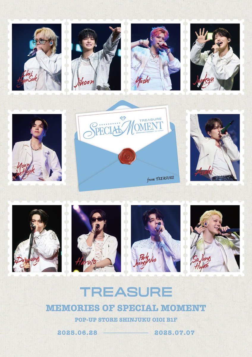[💎] #TREASURE_POPUP

MEMORIES OF SPECIAL MOMENT POP-UP STORE

東京2会場はいよいよ明日OPEN‼️

🖤展示内容
・新宿マルイ本館：初公開LIVE写真展示＆メンバー手書きメッセージボード

・渋谷MODI：渋谷店だけのラッピングとLIVE動画広告

POP-UPでしか手に入らない特典が盛りだくさん✨