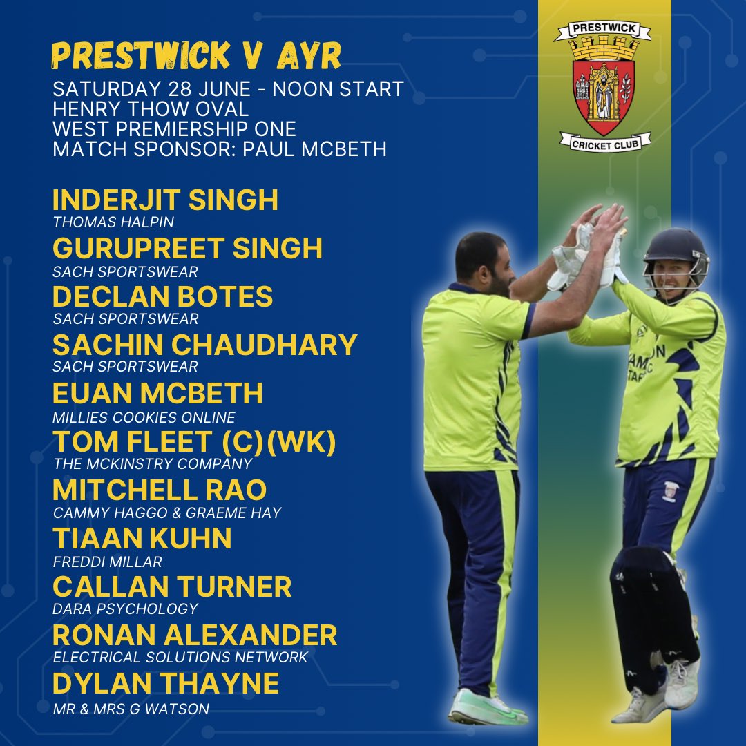 🏏 TEAM NEWS

It’s derby day tomorrow as we host Ayr to compete for the Scott Masterton Trophy. The day celebrates 70 years of the club so we hope to see as many people down as possible. 

Live stream: 

#MTW