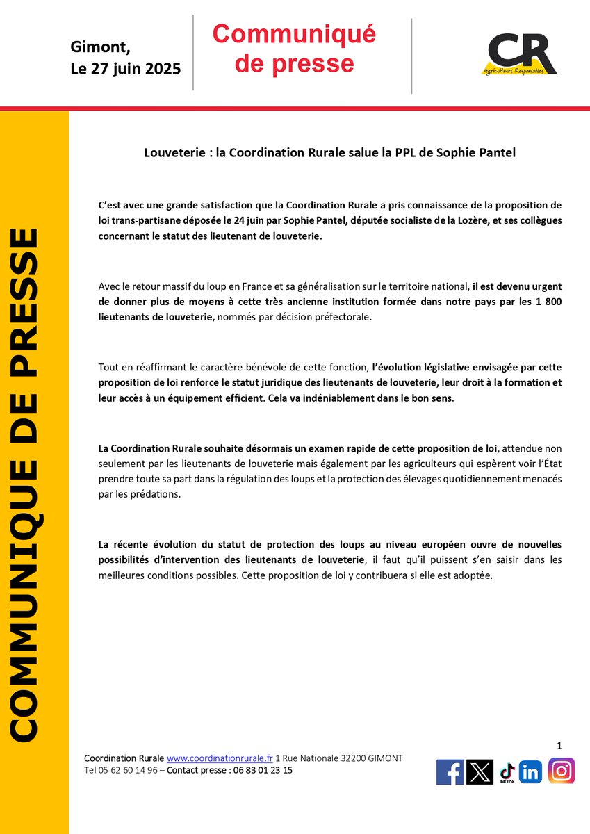 coordinationrur's tweet image. 🔴 #LOUP - COMMUNIQUÉ DE PRESSE : “C’est avec une grande satisfaction que la Coordination Rurale a pris connaissance de la proposition de loi trans-partisane déposée le 24 juin par Sophie Pantel, députée #socialiste de la #Lozère, et ses collègues concernant le statut des