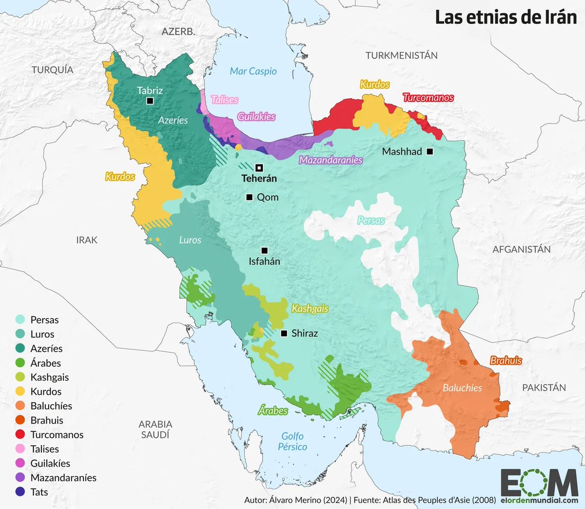 🇮🇷 Así es el mapa de las etnias de Irán. 

Irán proyecta una imagen homogénea al exterior que contrasta con su mosaico étnico. Los persas apenas suponen entre un 61% de la población. Otras etnias son  los azeríes, los kurdos y los luros. 

👉A pesar de su importancia, Teherán
