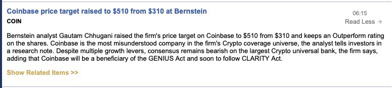 Coinbase price target raised to $510
from $310 at Bernstein

$COIN
