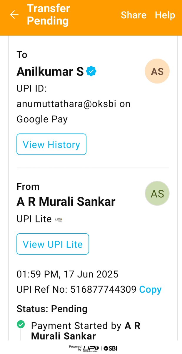 SankarTvpm's tweet photo. @NPCI_NPCI @UPI_NPCI @RBI @nsitharamanoffc @PMOIndia the #UPILITE Payments thru @Paytm @Paytmcare Rs250-dt 17Jun &amp; @PhonePeSupport @PhonePe Rs. 160 dt 25 Jun failed. Money nt rchd to receivr or back to sender. RPT Req to GOI, for necesary  action agnst erring FinApps https://t.co/UEt6rpPZcL