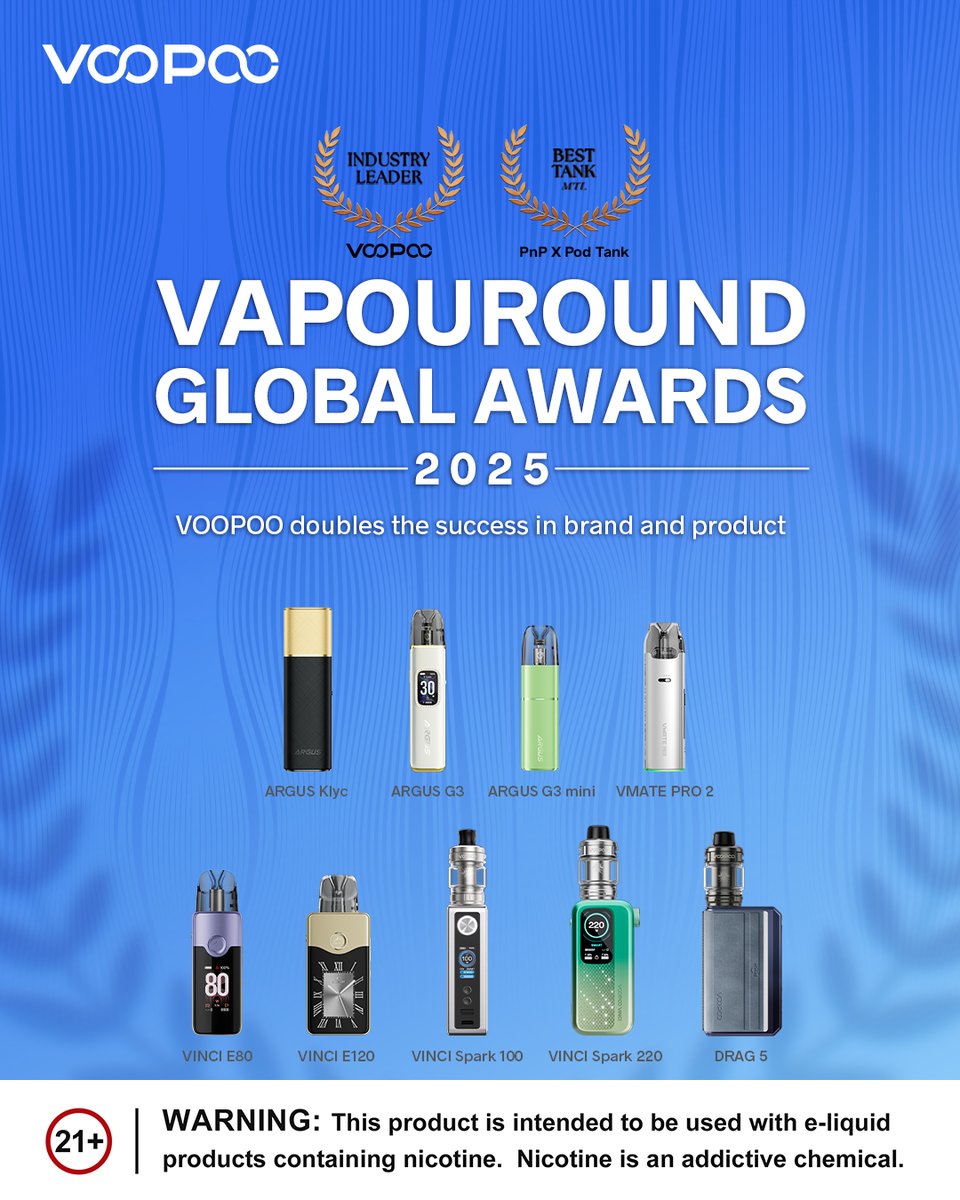 VOOPOO_OFFICIAL's tweet photo. We're honored to share that VOOPOO has been recognized at the Vapouround Global Awards 2025 during the World Vape Show Dubai 2025. 🌍✨

🏆Industry Leader—VOOPOO
🌟 Best Tank MTL—PnP X Pod Tank

A huge thank you to our amazing fans and the Vapouround team@vapouround. ❤ https://t.co/6xQqWxw9h3