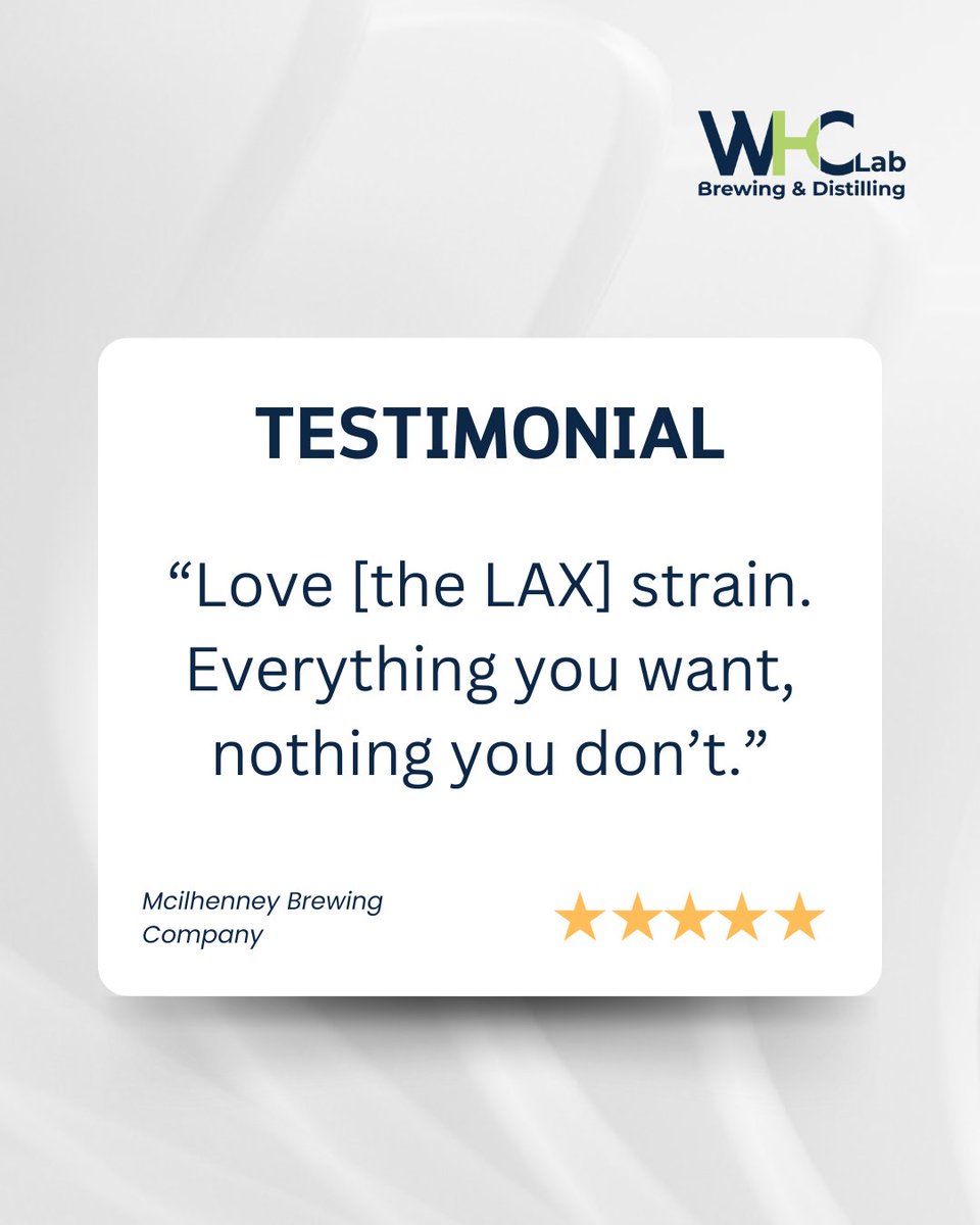 WHC Lab (@whclab) on Twitter photo Customer testimonial 💫
Thanks to Mcilhenney Brewing for this feedback on our LAX yeast 🙌
LAX yeast is a clean, highly versatile and reliable yeast strain that was isolated from a famous West Coast brewery.
Want to try it? Get in touch.
📧: sales@whclab.com Customer testimonial 💫
Thanks to Mcilhenney Brewing for this feedback on our LAX yeast 🙌
LAX yeast is a clean, highly versatile and reliable yeast strain that was isolated from a famous West Coast brewery.
Want to try it? Get in touch.
📧: sales@whclab.com
