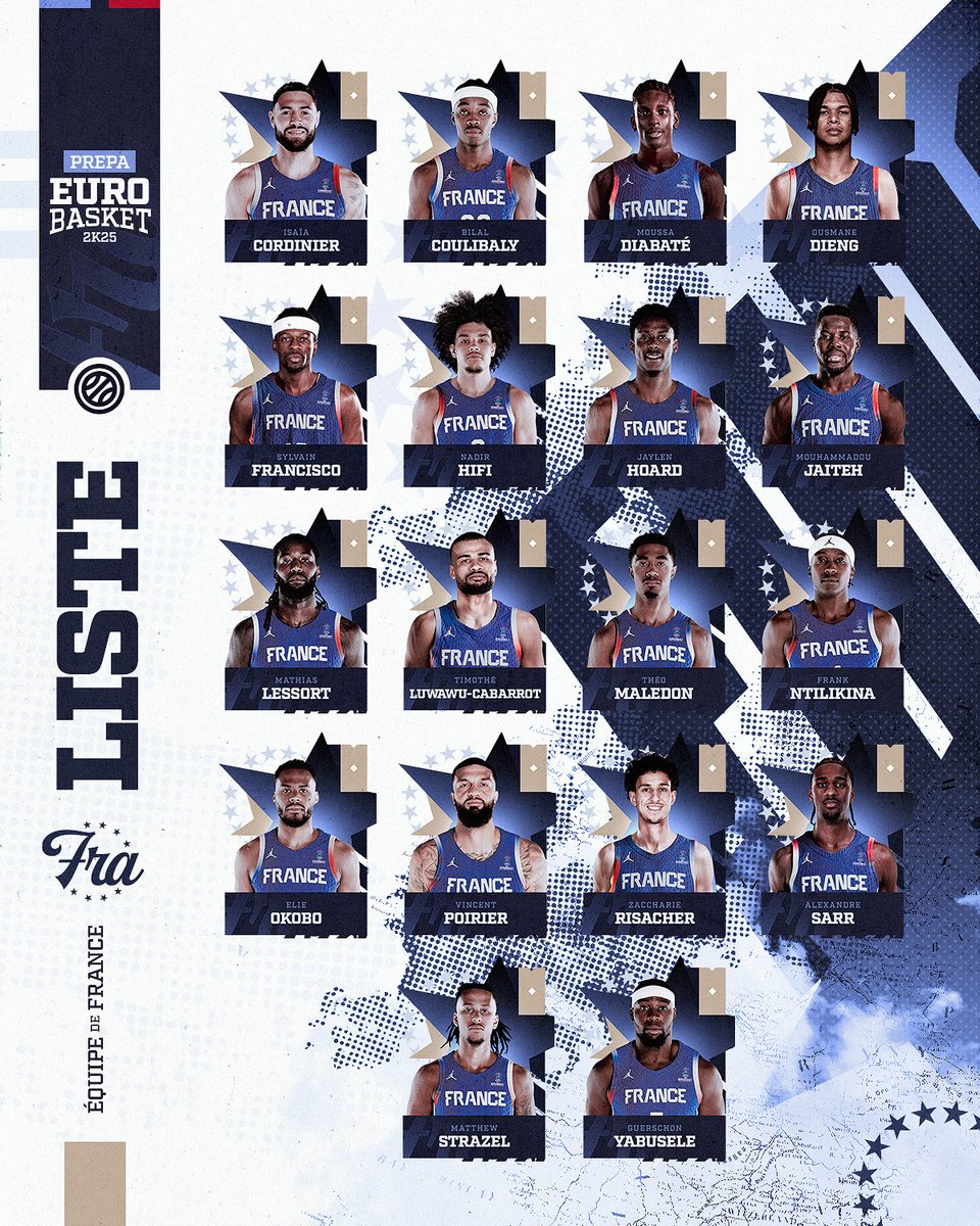 FRABasketball's tweet image. Un nouveau chapitre s'ouvre 🇫🇷📖
La liste des Bleus convoqués par Frédéric Fauthoux pour la préparation à l'@EuroBasket ⚔️
Rendez-vous le 24 juillet prochain 👊
#TeamFranceBasket | #PassionnémentBleu | #EuroBasket
