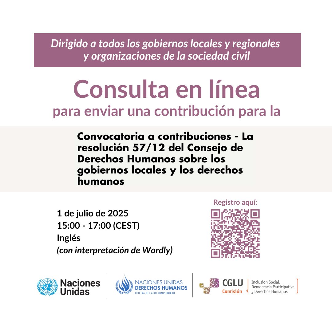 UCLG CSIPDHR (@uclg_cisdp) on Twitter photo 📢¡Comparta sus experiencias locales y ayude a fortalecer el movimiento de #CiudadesDeDerechosHumanos!
Participe en nuestra consulta en línea para preparar una contribución para el próximo informe de <a href="/UNHumanRights/">UN Human Rights</a>
🗓️1 de julio | 15–17 CEST
🔗+ info: bit.ly/3IgEUw0 📢¡Comparta sus experiencias locales y ayude a fortalecer el movimiento de #CiudadesDeDerechosHumanos!
Participe en nuestra consulta en línea para preparar una contribución para el próximo informe de <a href="/UNHumanRights/">UN Human Rights</a>
🗓️1 de julio | 15–17 CEST
🔗+ info: bit.ly/3IgEUw0