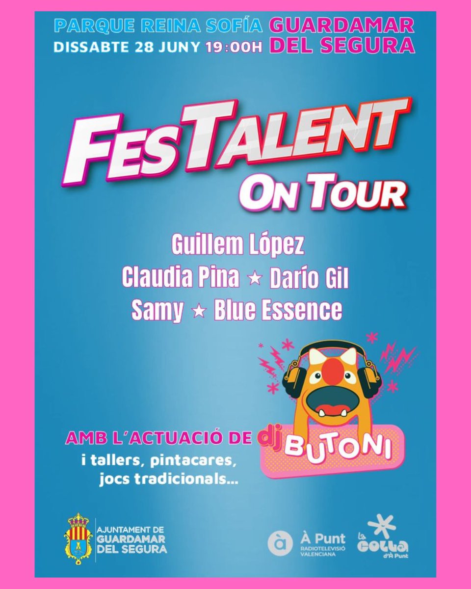 Esta nit esteu tots i totes convidats a ballar i cantar amb FesTalent On Tour 🔥

Actuacions úniques, pintacares, la sessió més gamberra de Dj Butoni, jocs i més sorpreses. 

Guardamar del Segura, esteu preparats? 🤩