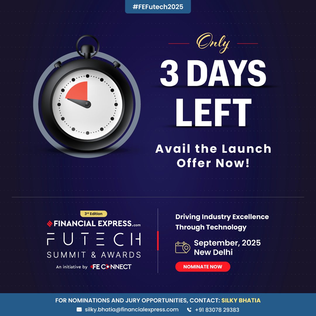 FinancialXpress's tweet image. The countdown is on!
Only 3 days left to grab the exclusive launch offer for #FEFutech2025

Join us this September in New Delhi as we celebrate innovation and excellence in technology.

Don’t miss the chance to nominate your brand or leader today!
Nominate Now:…
