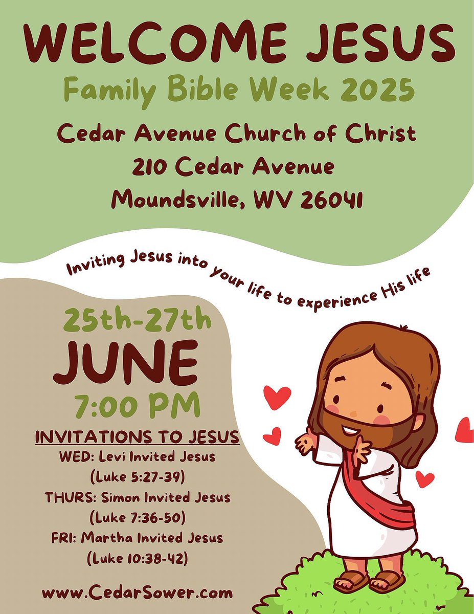 CedarChrist's tweet photo. Join us for the final night of Family Bible Week 2025 as we look at Martha’s invitation to Jesus to come to her home. Class begins at 7:00pm. Hope to see you there! 
https://t.co/Vj137ZgUi1 https://t.co/UfaFOyt9uR