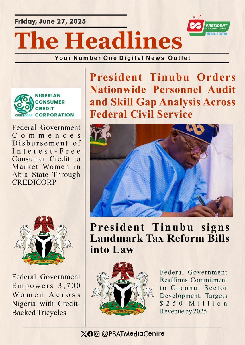 Zainab Jamilu Yusuf (@zainabbkd) on Twitter photo *President <a href="/officialABAT/">Bola Ahmed Tinubu</a> Signs Landmark Tax Reform Bills Into Law.*
- *Federal Government Empowers 3,700 Women Across Nigeria With Credit-Backed Tricycles.*
- *Federal Government Reaffirms Commitment To Coconut Sector Development, Targets $250Million Revenue By 2025.* *President <a href="/officialABAT/">Bola Ahmed Tinubu</a> Signs Landmark Tax Reform Bills Into Law.*
- *Federal Government Empowers 3,700 Women Across Nigeria With Credit-Backed Tricycles.*
- *Federal Government Reaffirms Commitment To Coconut Sector Development, Targets $250Million Revenue By 2025.*